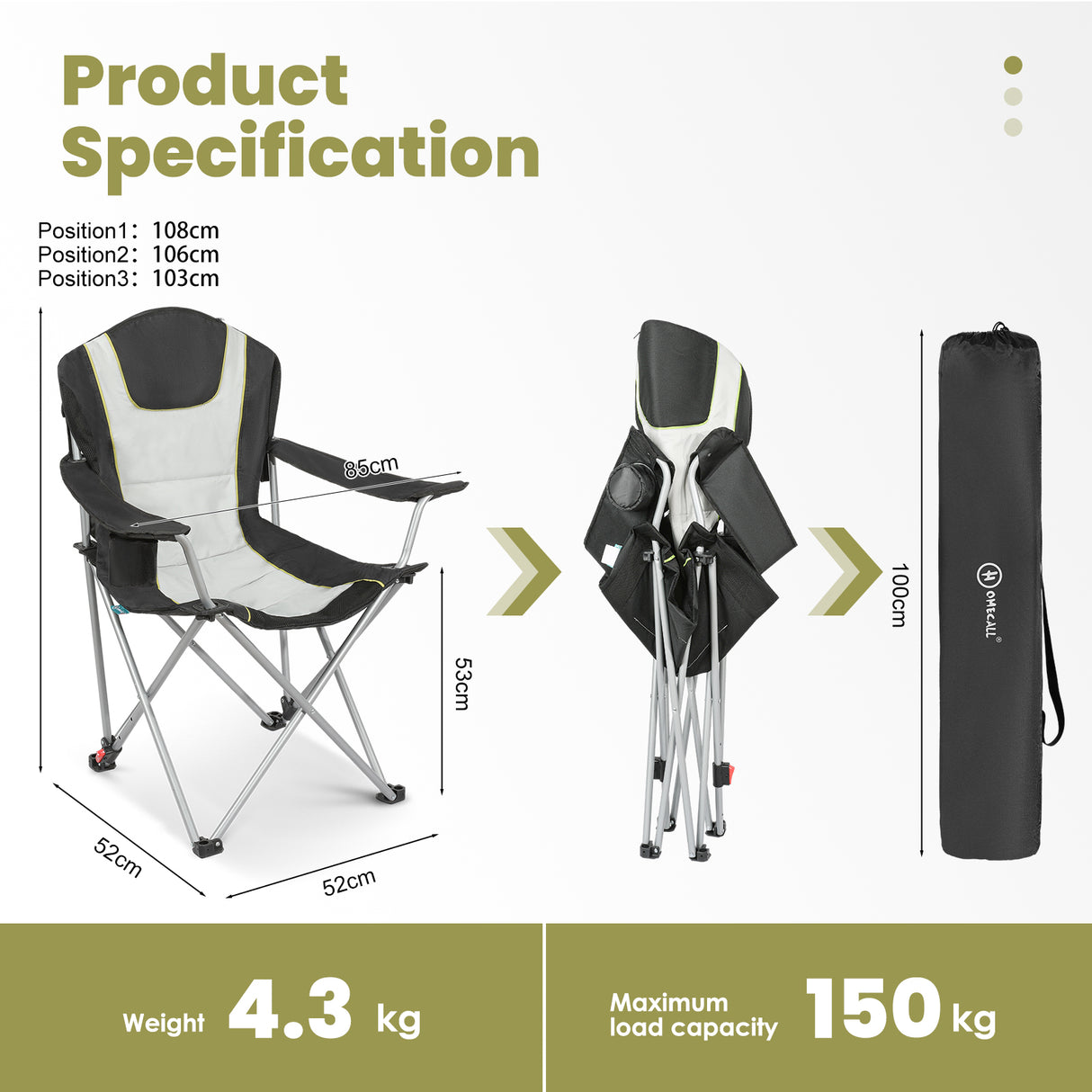 Homecall Camping Chair Fishing Chair Flat Chair Foldable Deck Chair, Cup Holder, Padded, 3 Way Adjustable Backrest, up to 150KG