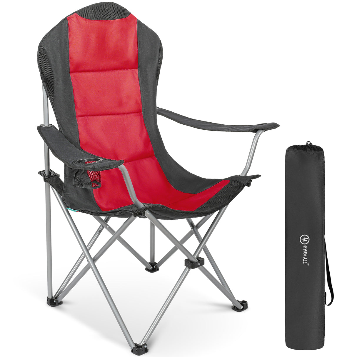 HOMECALL Campingstuhl Hochlehner Klappstuhl Gartenstuhl Angelstuhl, Angenehme Polsterung (Bis 150KG, mit hoher Rückenlehne Armlehne Getränkehalter), für Camp Garten Balkon