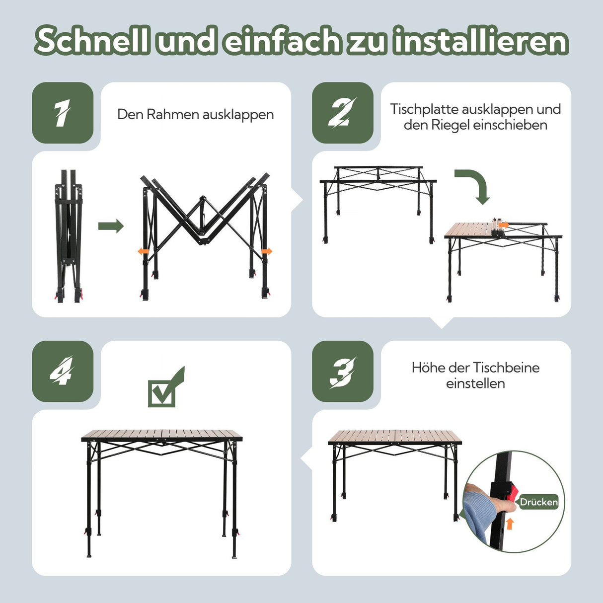 Camping Table Foldable Up to 100 kg Camping Table Height Adjustable (76/84.5/92.5 cm) Sturdy Aluminium Folding Table for 6 People - Roll Up Camping Table 120 x 70 cm Oversize Rolling Table for