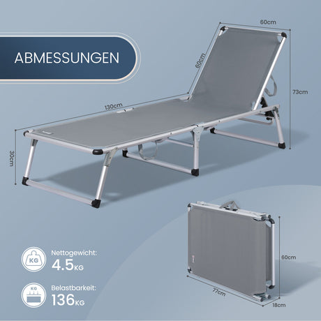 HOMECALL Aluminum Folding Sun Lounger, Textile Fabric, 200x70x35 cm, Max Load Capacity 150KG, Grey - Homecall - outdoor