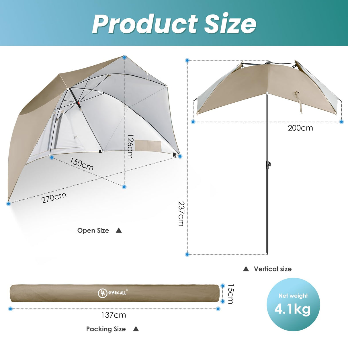 HOMECALL Beach Umbrella Beach Tent, UV - resistant 50+, for 2 - 3 people, Outdoor Parasols - Homecall - outdoor