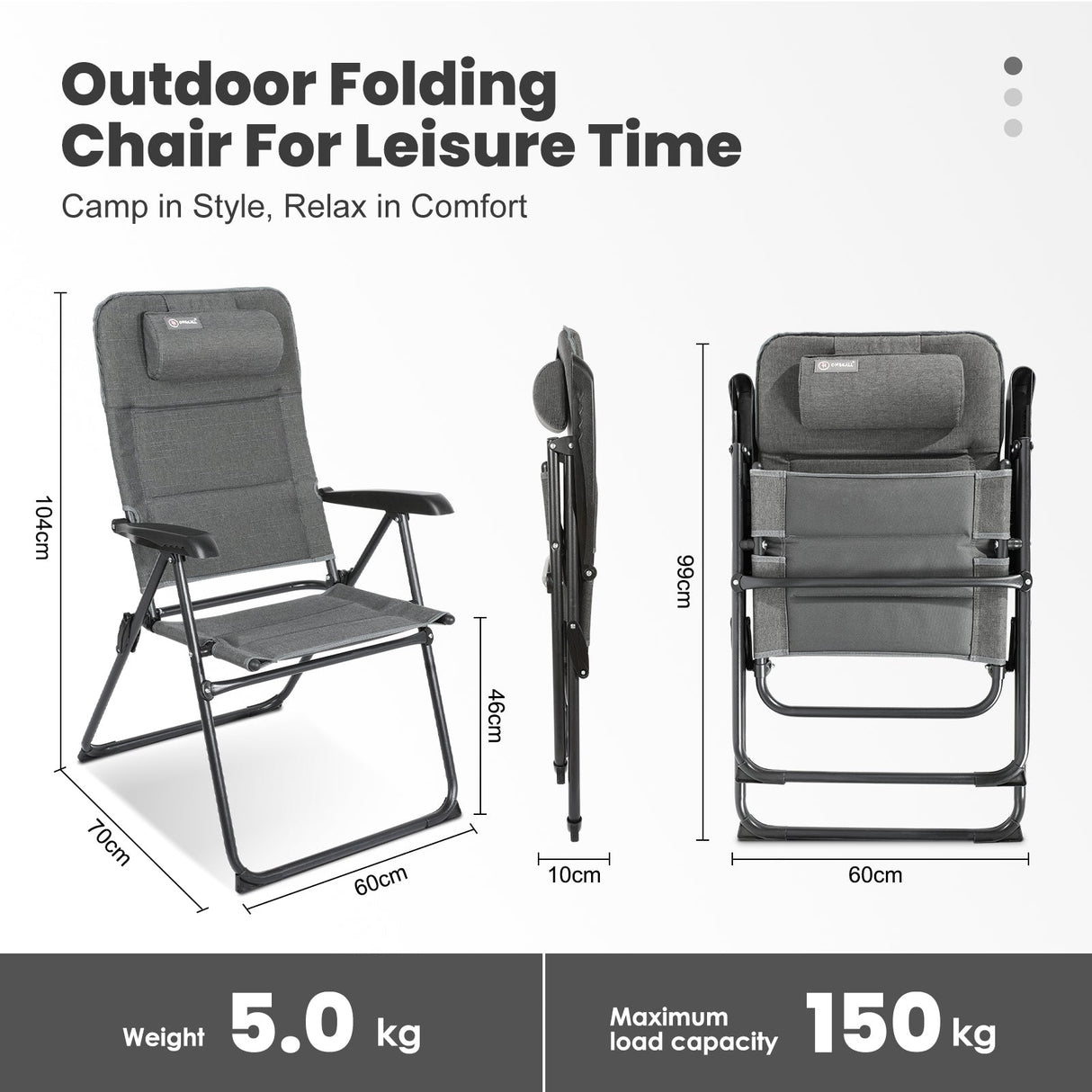 Homecall Camping Folding Chair with Padding and Adjustable Backrest - (Gray) - Homecall - outdoor