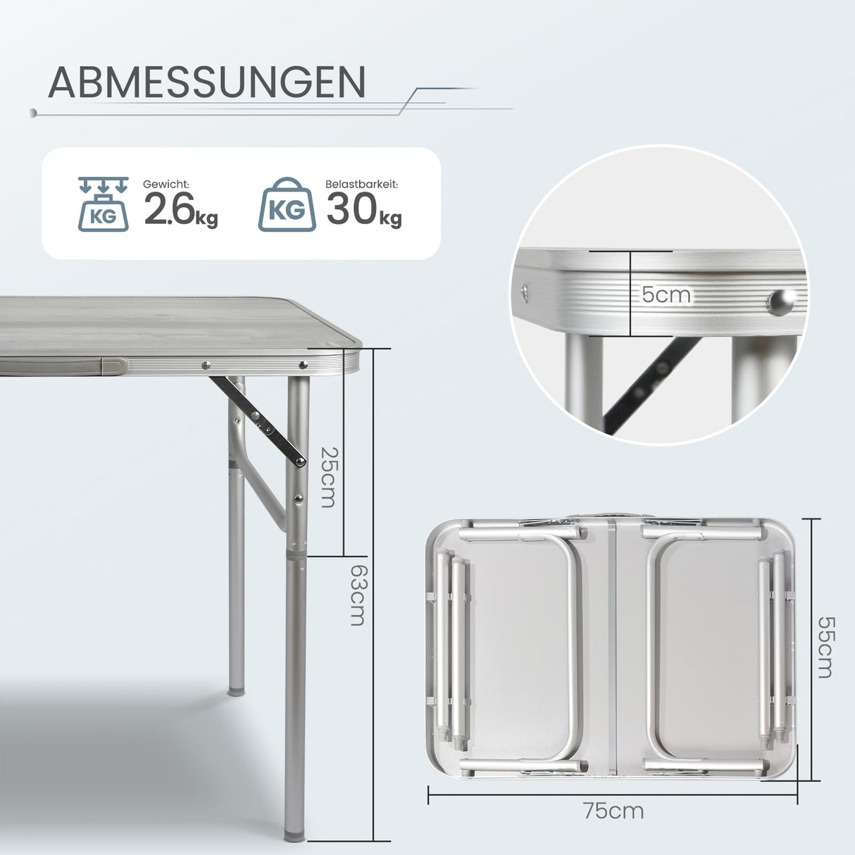 Homecall Camping Table Foldable 75 X 55 X 63/25 cm, Height Adjustable, Aluminum Camping Table with MDF Table Top, UP TO 30 KG, for Garden, Picnic, Beach, Balcony, Kitchen - Homecall - outdoor