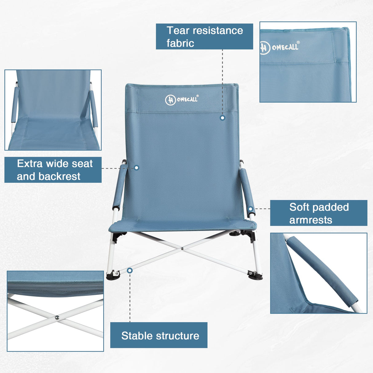 HOMECALL Folding Beach Chair Lightweight Low Camping Chair Comfortable Backrest, Padded Armrests, up to 120kg - Homecall - outdoor