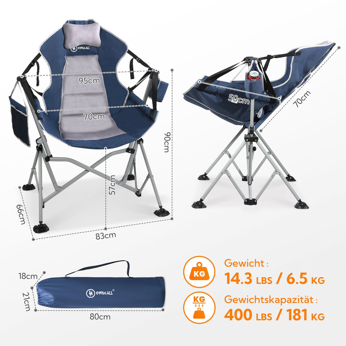 HOMECALL Swing Chair Rocking Chair Outdoor Camping Chair, Foldable Hanging Chair with Adjustable Backrest, bis 180 KG - Homecall - outdoor