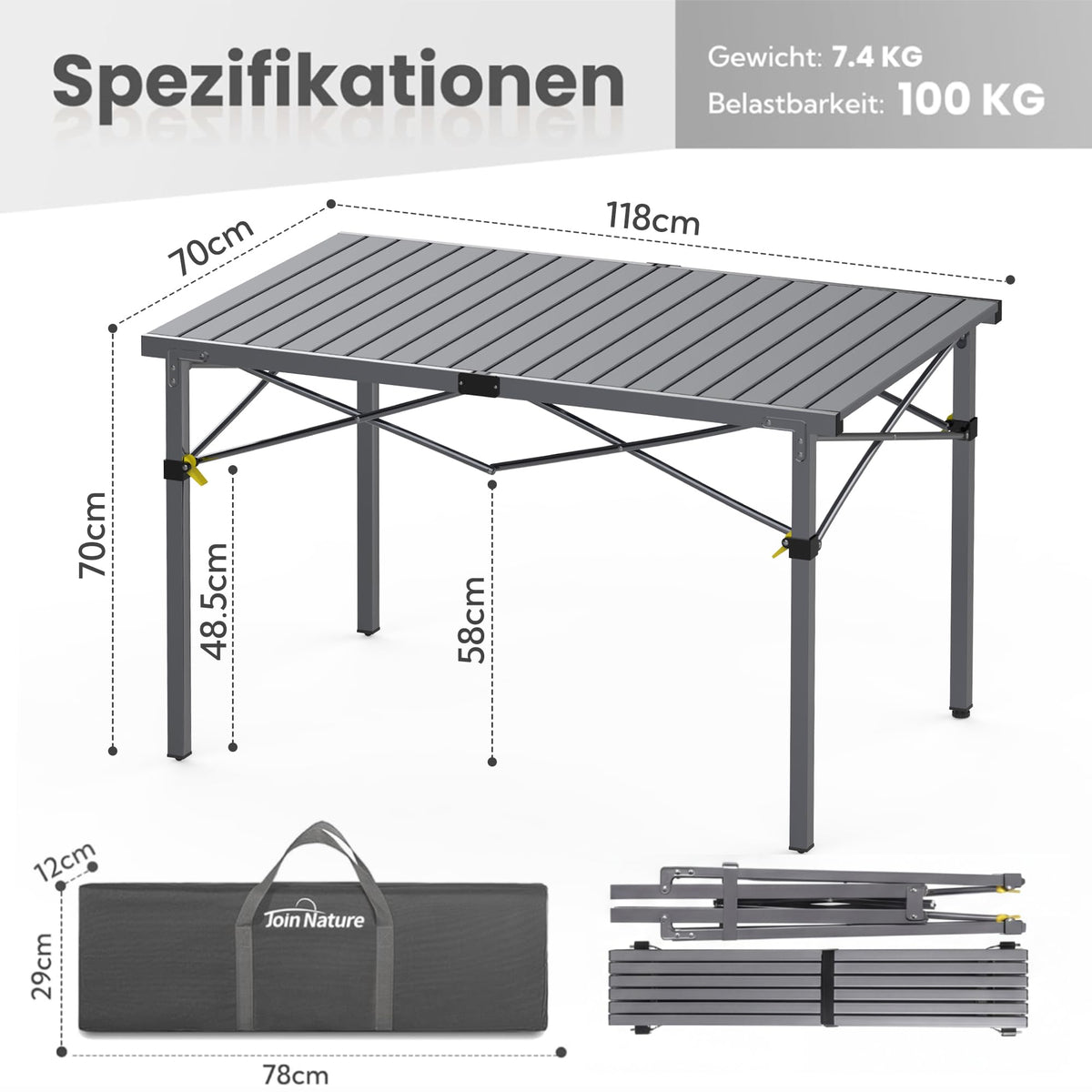 Campingtisch Klappbar Bis 100KG  Alu Klapptisch für 6 Personen, 118 x 70CM, mit Tragetasche Roll Up Camping Tisch  Übergröße Rolltisch für Camping, Outdoor, Garten, Balkon, Picknick, Strand, Silbergrau