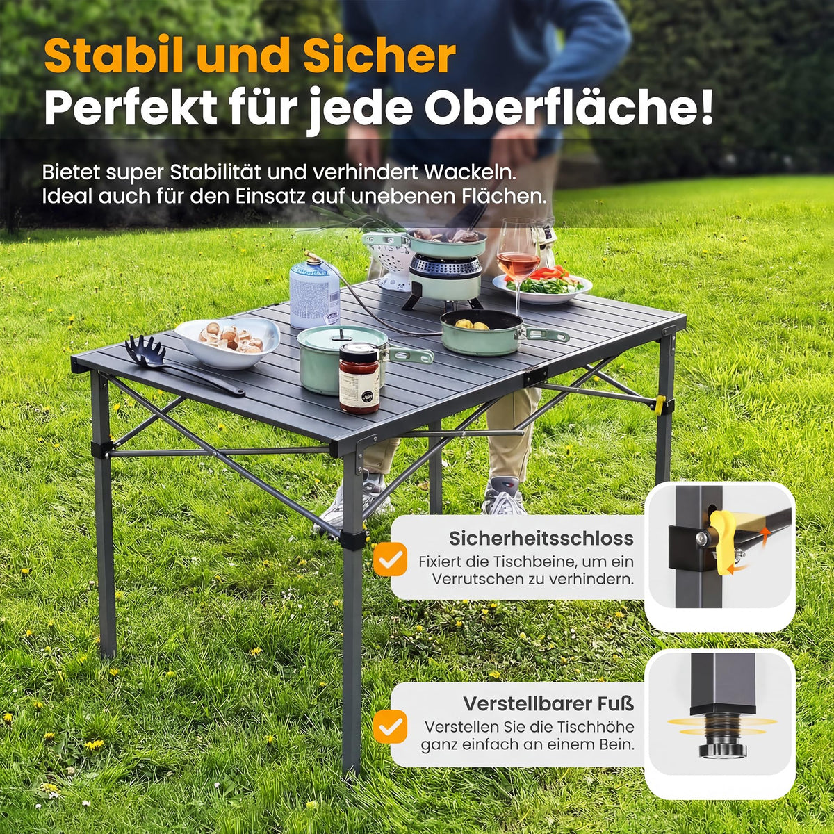 Campingtisch Klappbar Bis 100KG  Alu Klapptisch für 6 Personen, 118 x 70CM, mit Tragetasche Roll Up Camping Tisch  Übergröße Rolltisch für Camping, Outdoor, Garten, Balkon, Picknick, Strand, Silbergrau